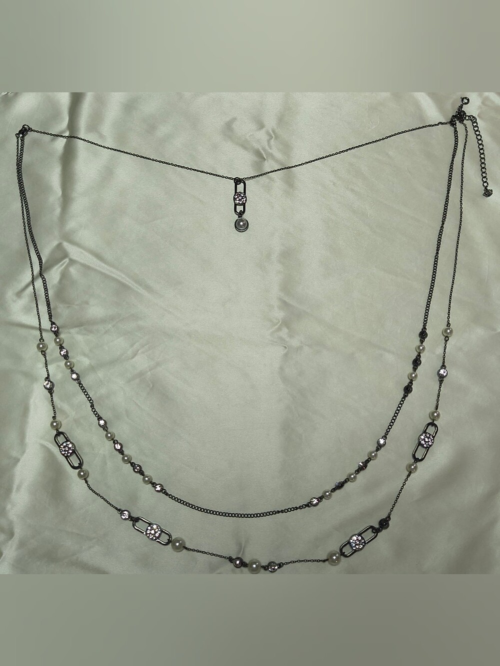 Premier Designs Gunmetal Faux Pearl Pave Layered Necklace Bag Gift Ready
